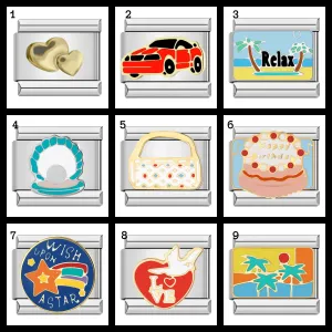10 Unique Italian Bracelet Charms - Car , Birthday , Holiday, Sun, Moon - Gift for Her