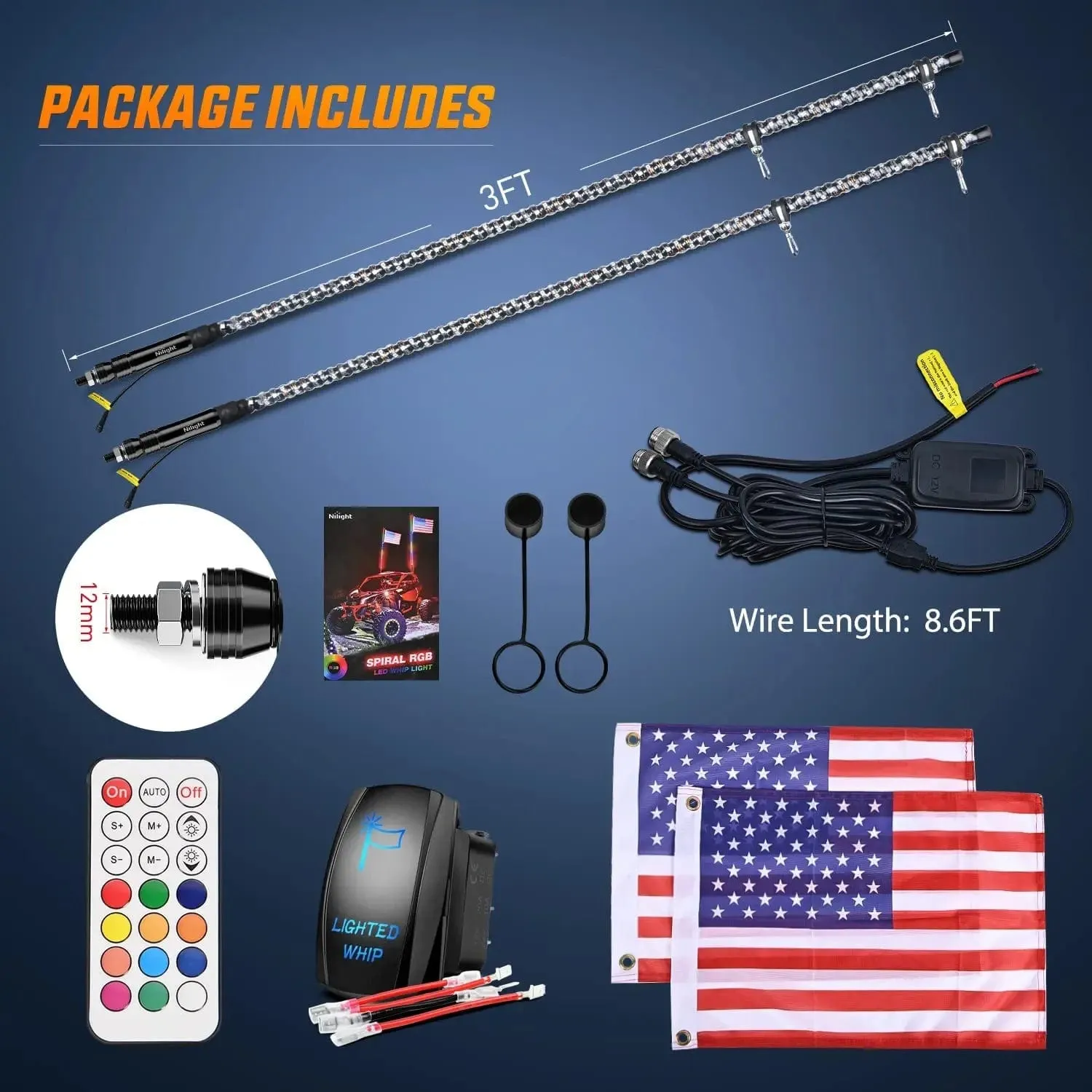 2Pcs 3FT Spiral Antenna Led Whip Light RF Remote Control | 8.6FT Wire 5Pin Switch