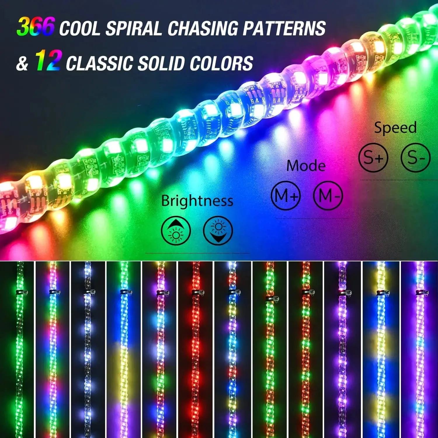 2Pcs 4FT Spiral Antenna Led Whip Light RF Remote Control | 8.6FT Wire 5Pin Switch