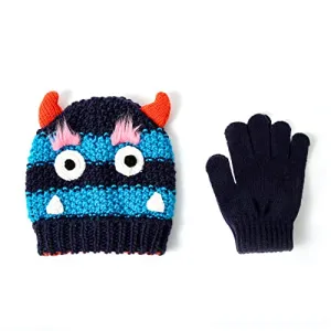accsa Toddler Kids Boy Knit Winter Beanie Hat & Glove Set Dino Monster Crocodile (Navy, 6-9 Years)