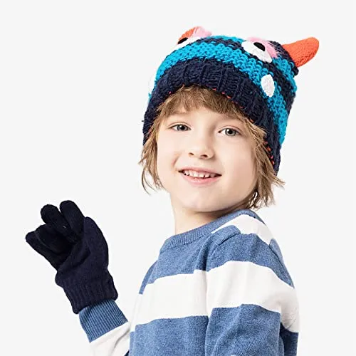 accsa Toddler Kids Boy Knit Winter Beanie Hat & Glove Set Dino Monster Crocodile (Navy, 6-9 Years)