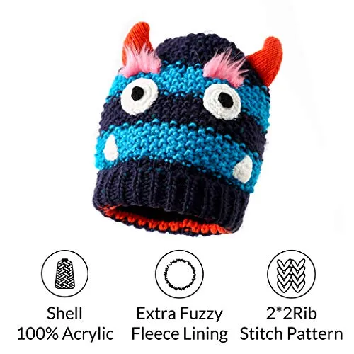 accsa Toddler Kids Boy Knit Winter Beanie Hat & Glove Set Dino Monster Crocodile (Navy, 6-9 Years)