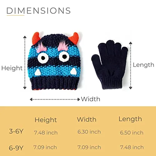 accsa Toddler Kids Boy Knit Winter Beanie Hat & Glove Set Dino Monster Crocodile (Navy, 6-9 Years)