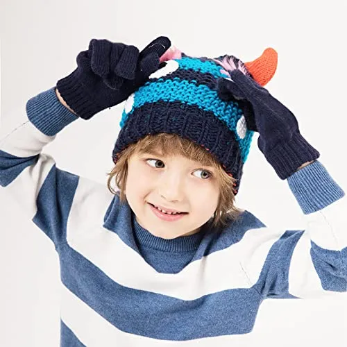 accsa Toddler Kids Boy Knit Winter Beanie Hat & Glove Set Dino Monster Crocodile (Navy, 6-9 Years)