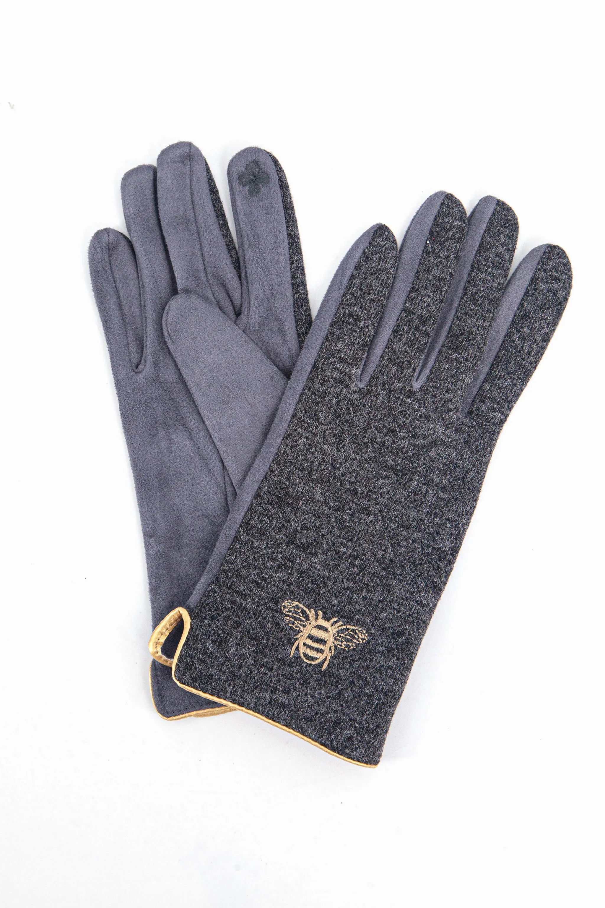 Ada Embroidered Gloves - Dark Grey, Gold Bee