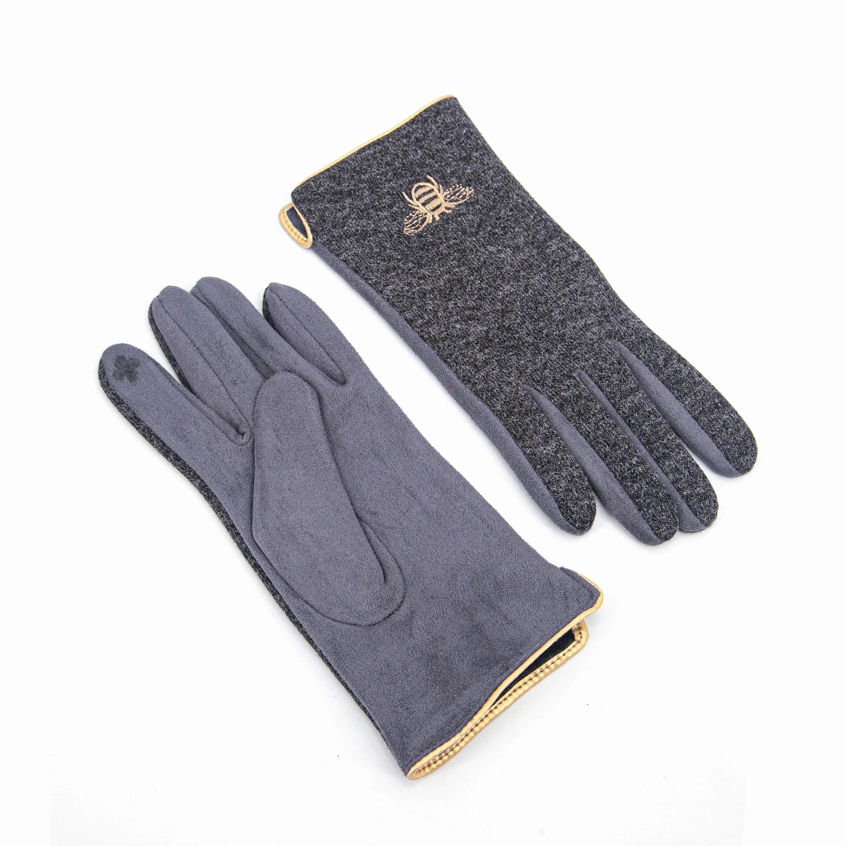 Ada Embroidered Gloves - Dark Grey, Gold Bee