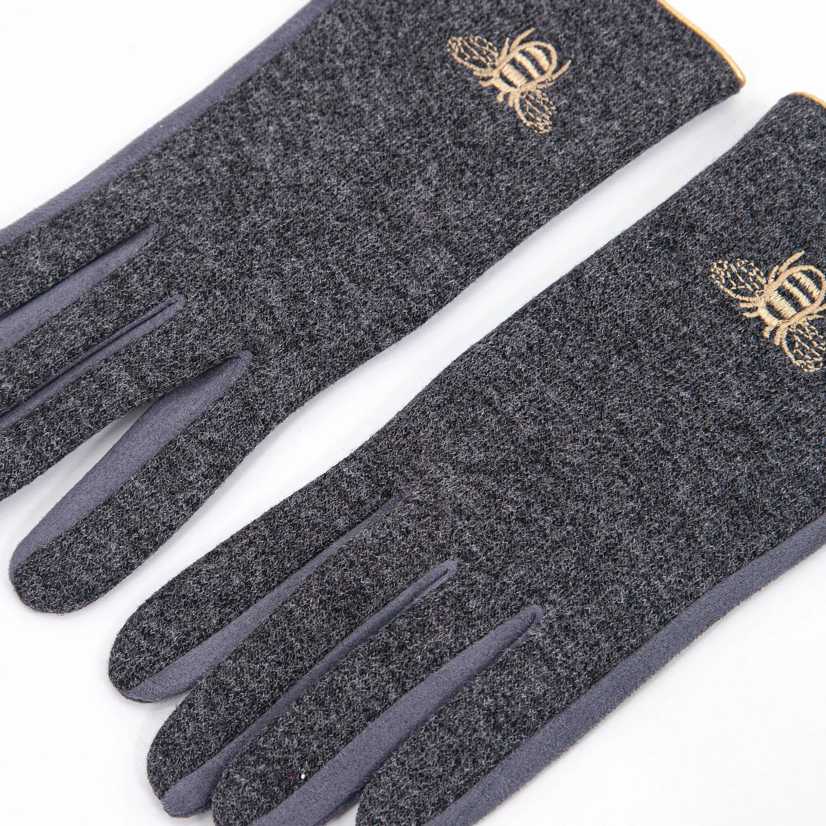 Ada Embroidered Gloves - Dark Grey, Gold Bee