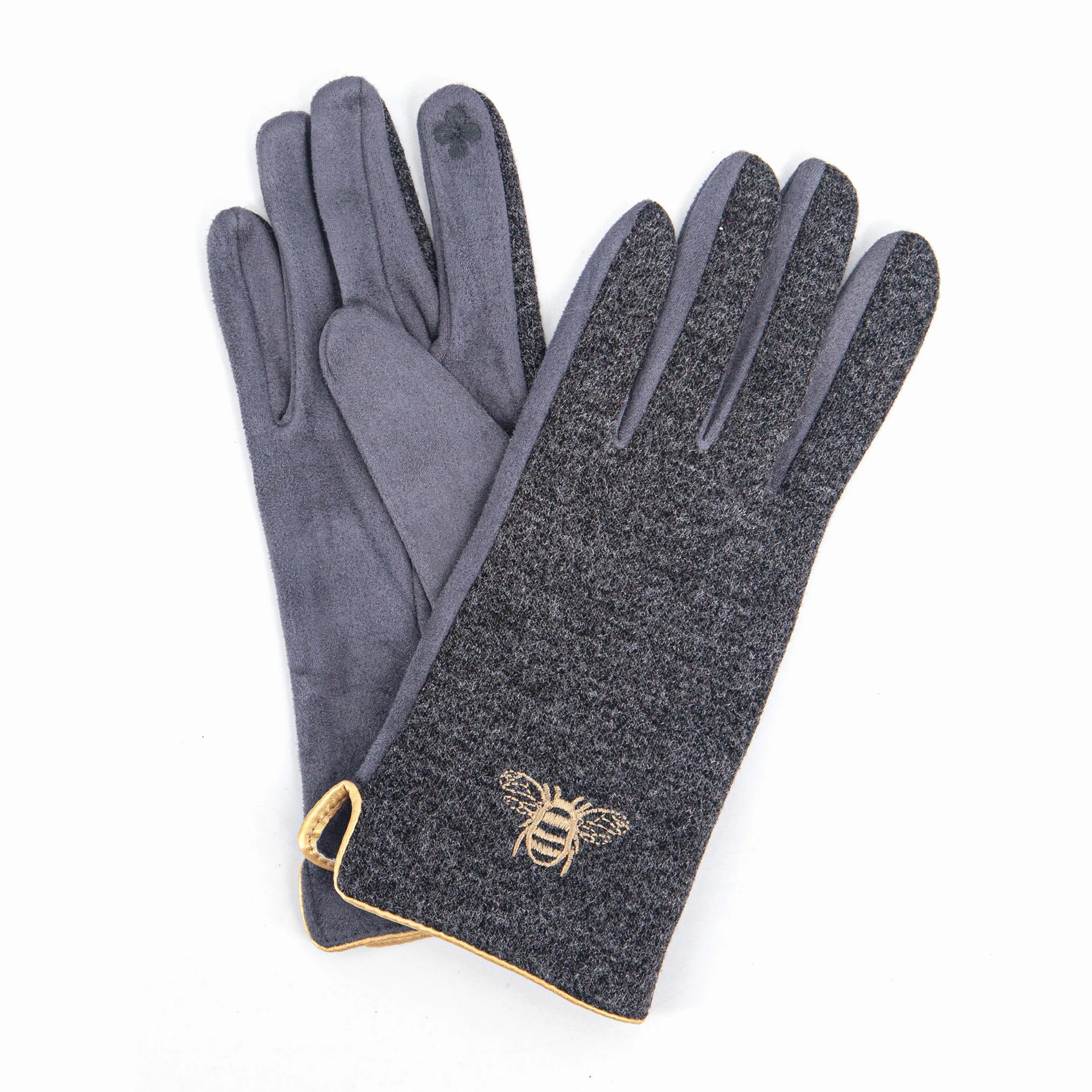 Ada Embroidered Gloves - Dark Grey, Gold Bee