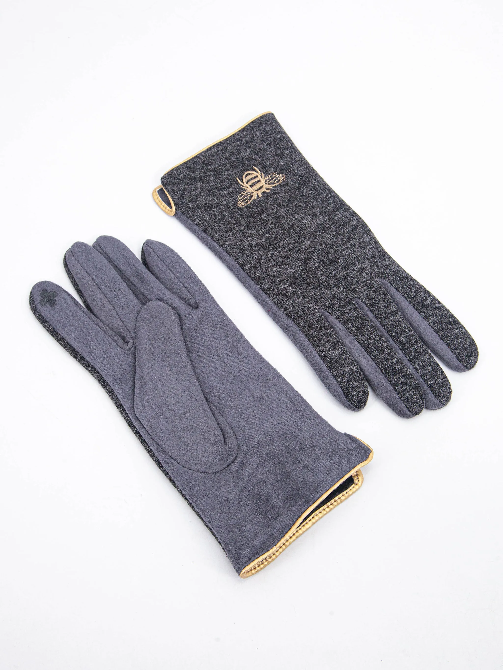 Ada Embroidered Gloves - Dark Grey, Gold Bee
