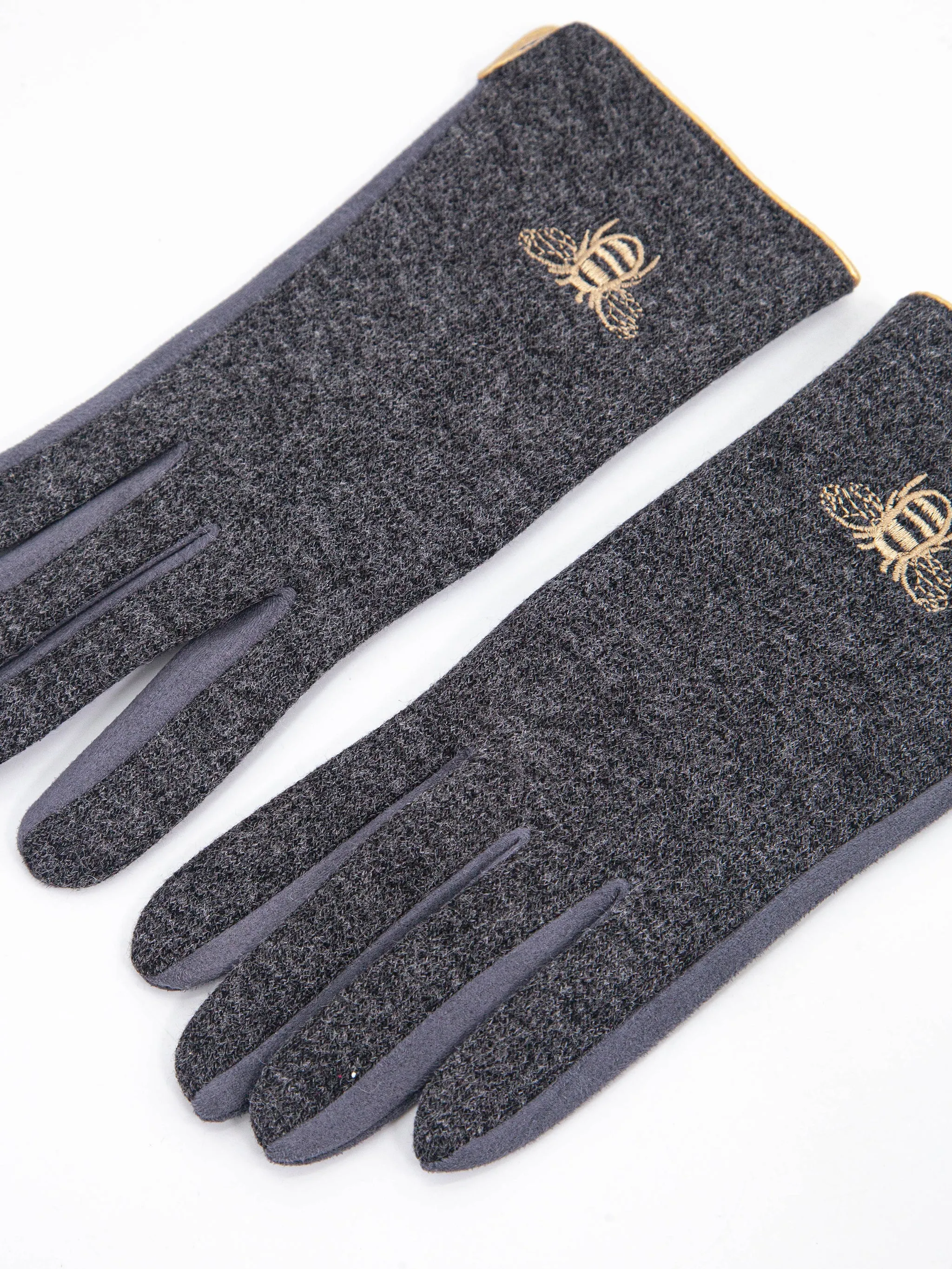Ada Embroidered Gloves - Dark Grey, Gold Bee