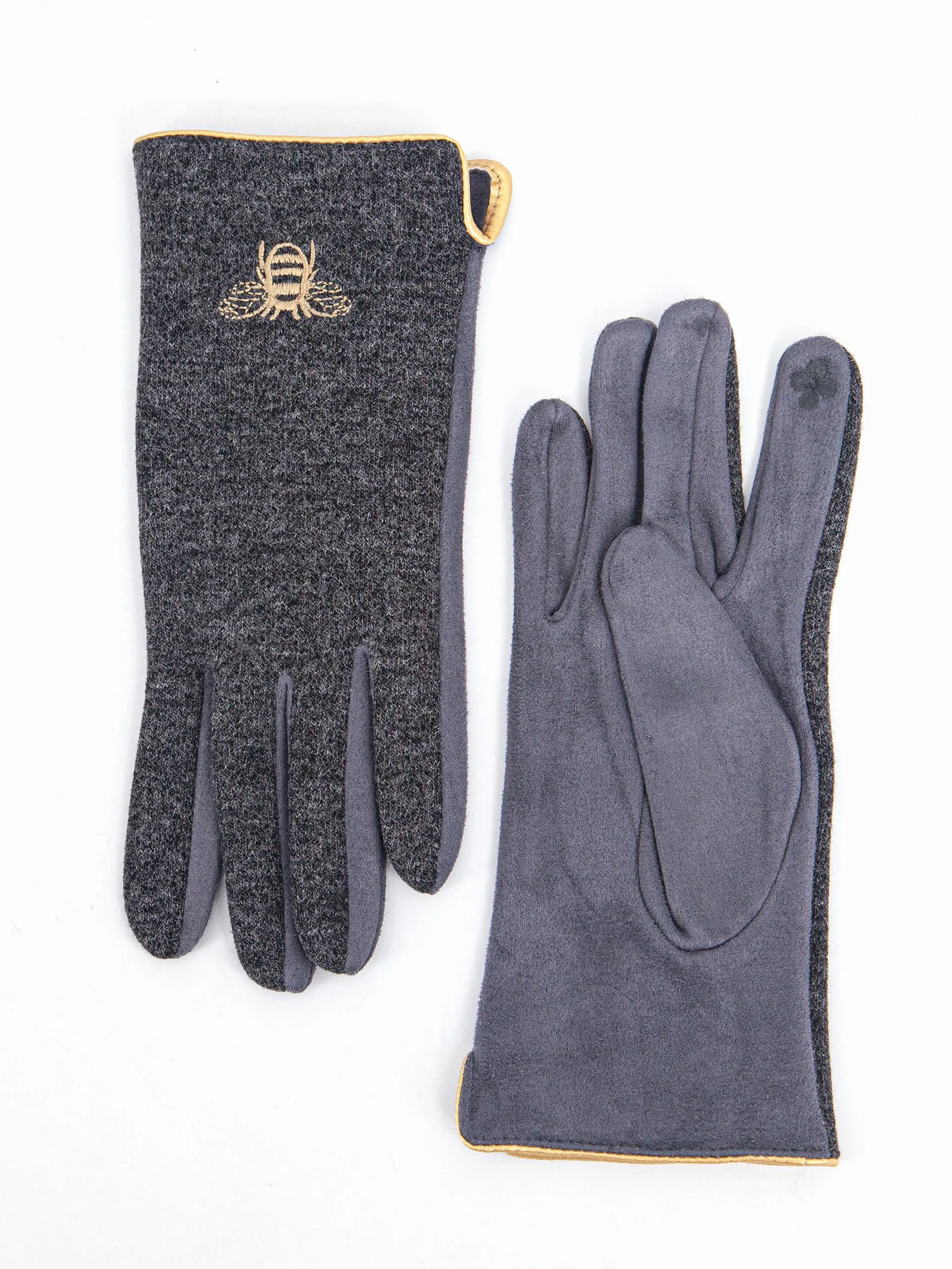 Ada Embroidered Gloves - Dark Grey, Gold Bee