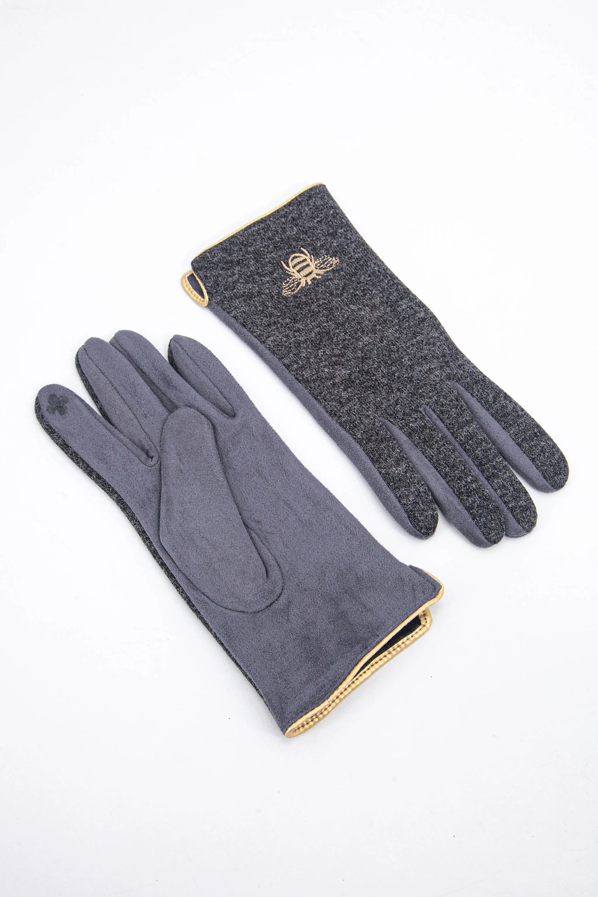 Ada Embroidered Gloves - Dark Grey, Gold Bee