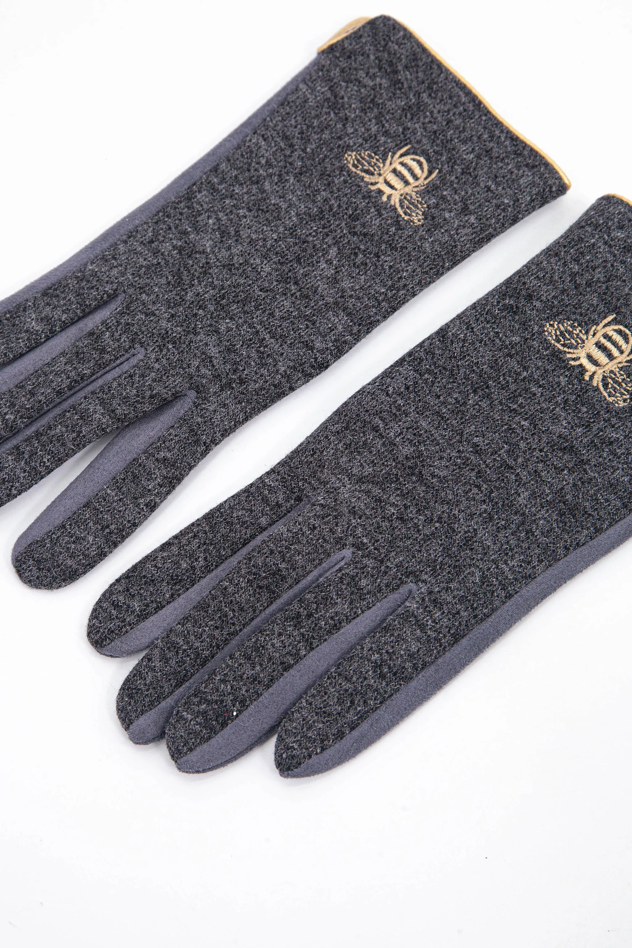 Ada Embroidered Gloves - Dark Grey, Gold Bee
