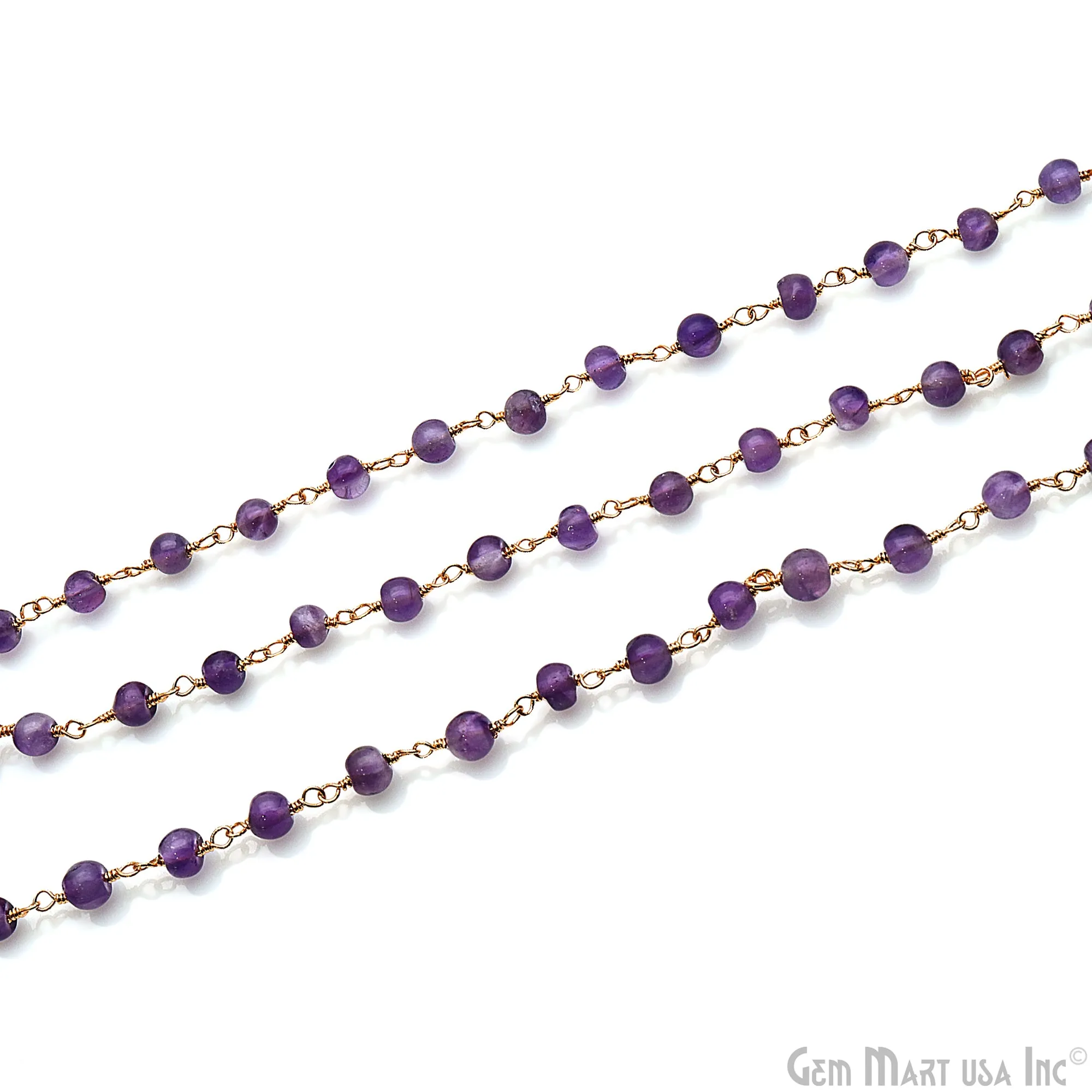 Amethyst Cabochon 4-5mm Gold Wire Wrapped Rosary Chain