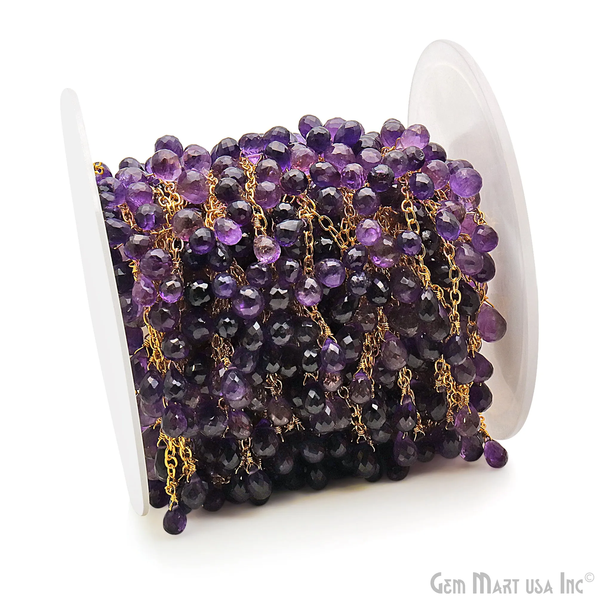 Amethyst Faceted Drop 8x5mm Gold Wire Wrapped Rosary Chain