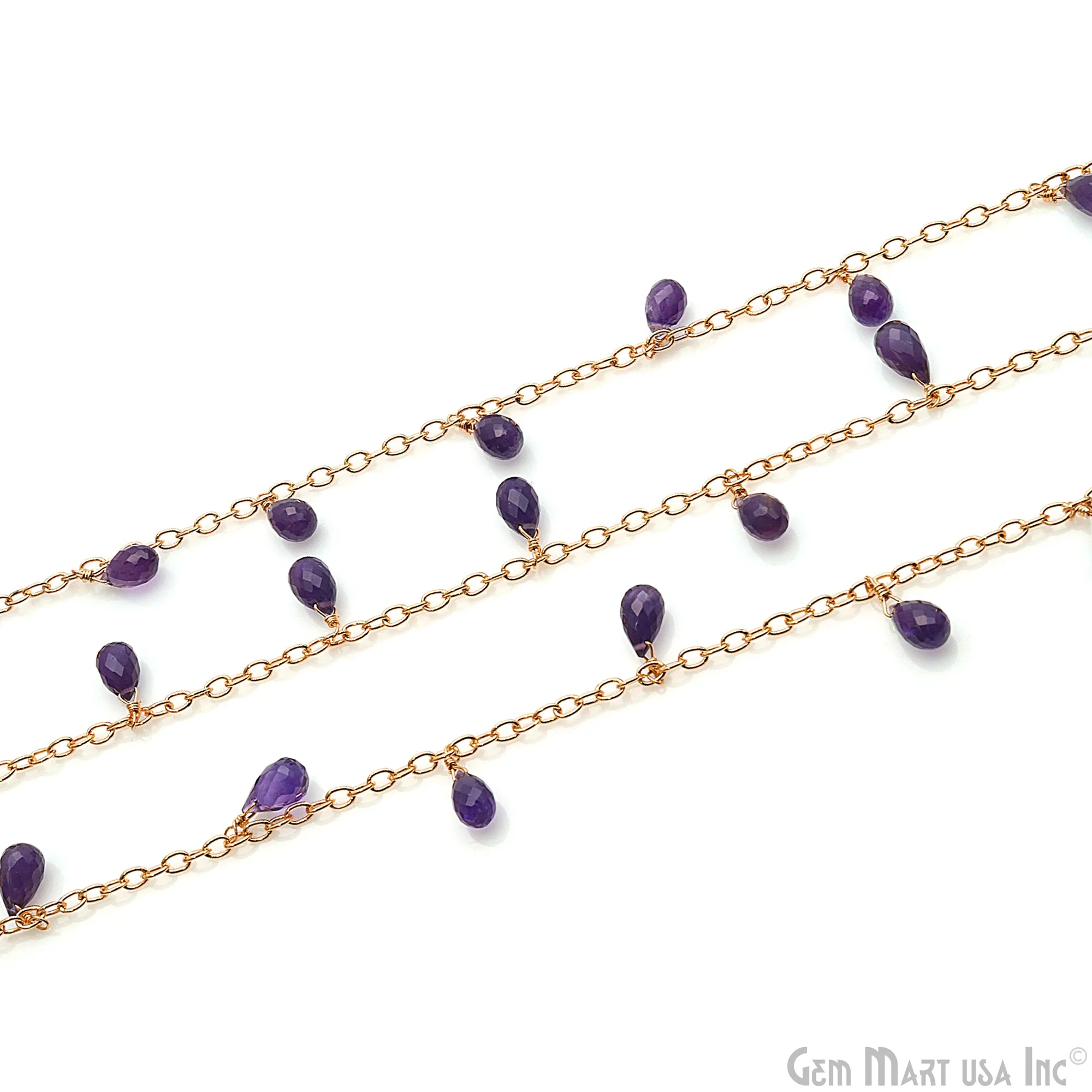 Amethyst Faceted Drop 8x5mm Gold Wire Wrapped Rosary Chain