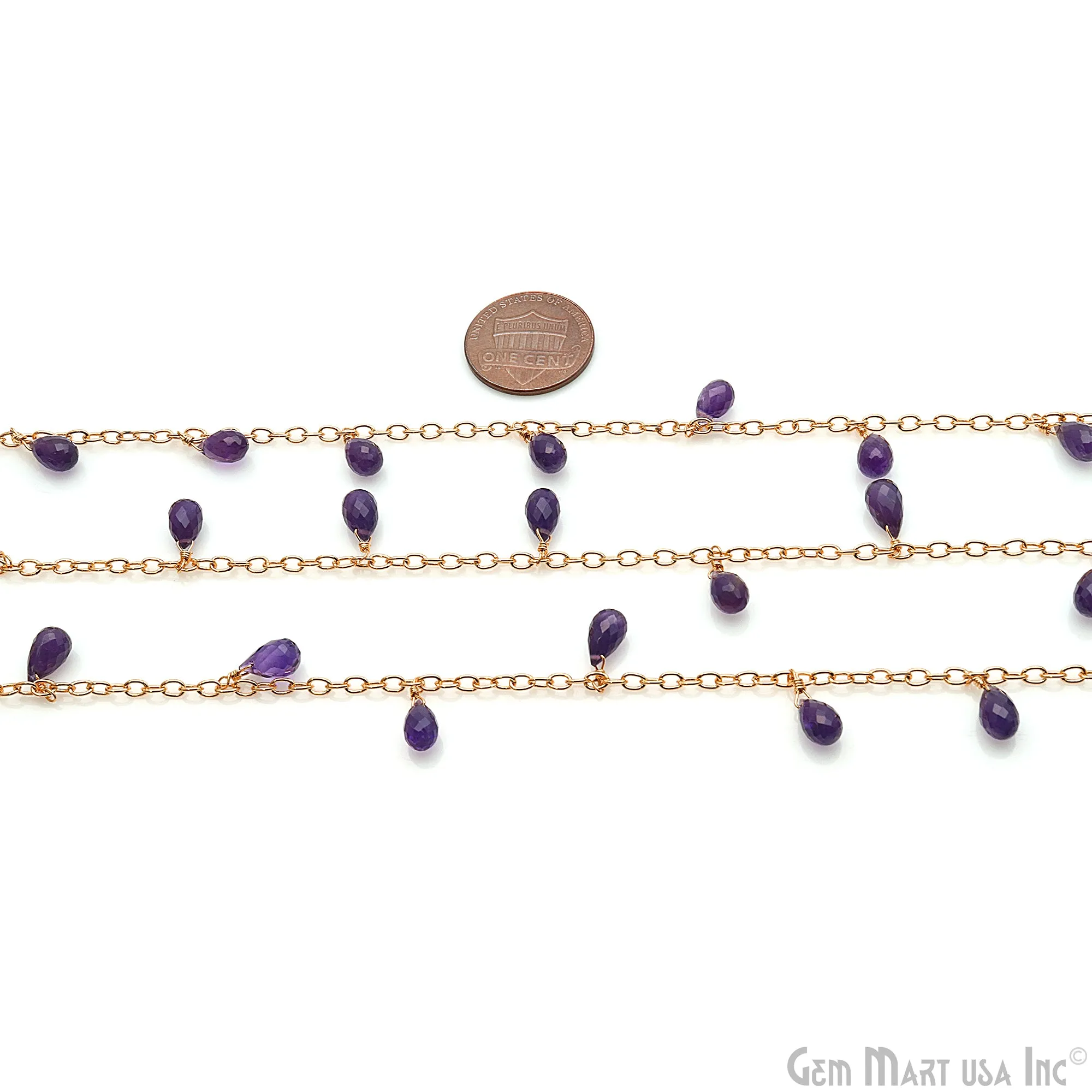 Amethyst Faceted Drop 8x5mm Gold Wire Wrapped Rosary Chain