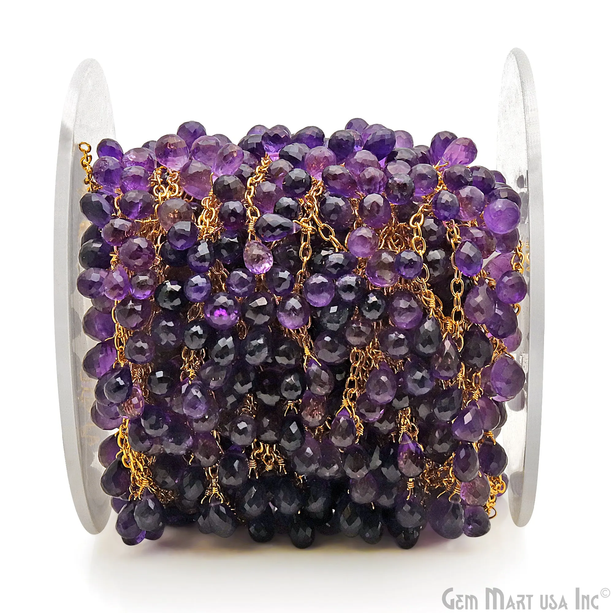 Amethyst Faceted Drop 8x5mm Gold Wire Wrapped Rosary Chain