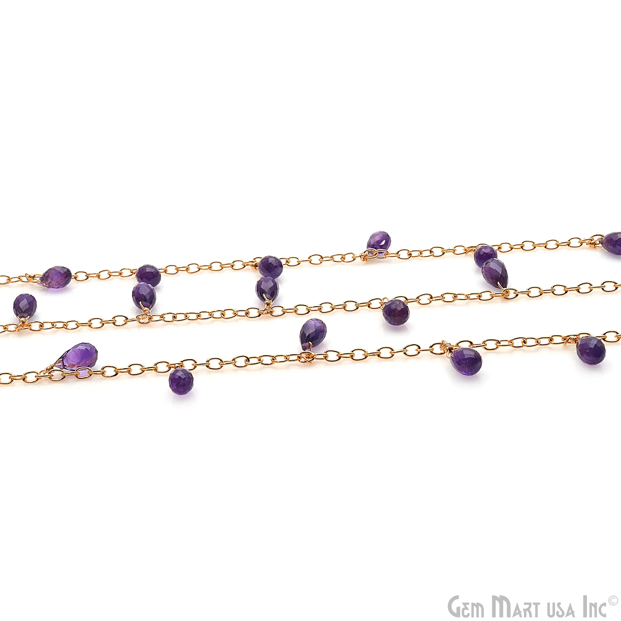 Amethyst Faceted Drop 8x5mm Gold Wire Wrapped Rosary Chain