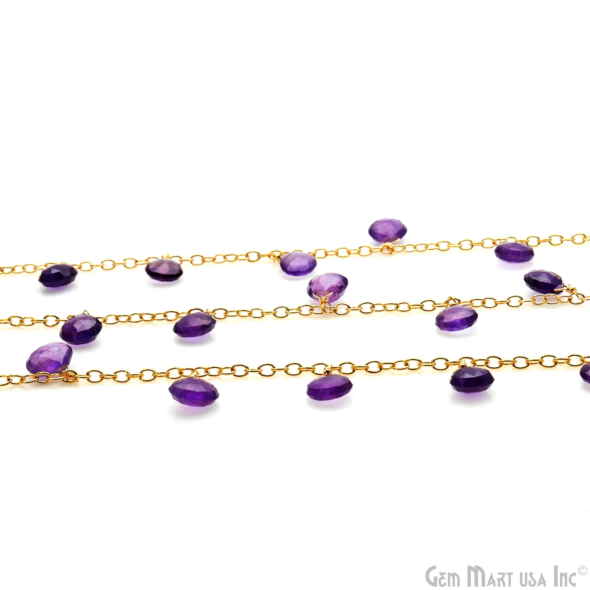 Amethyst Faceted Heart 8mm Gold Wire Wrapped Rosary Chain