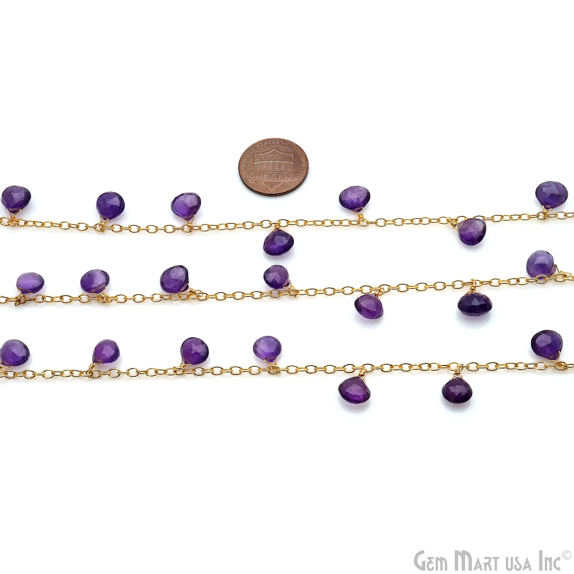 Amethyst Faceted Heart 8mm Gold Wire Wrapped Rosary Chain