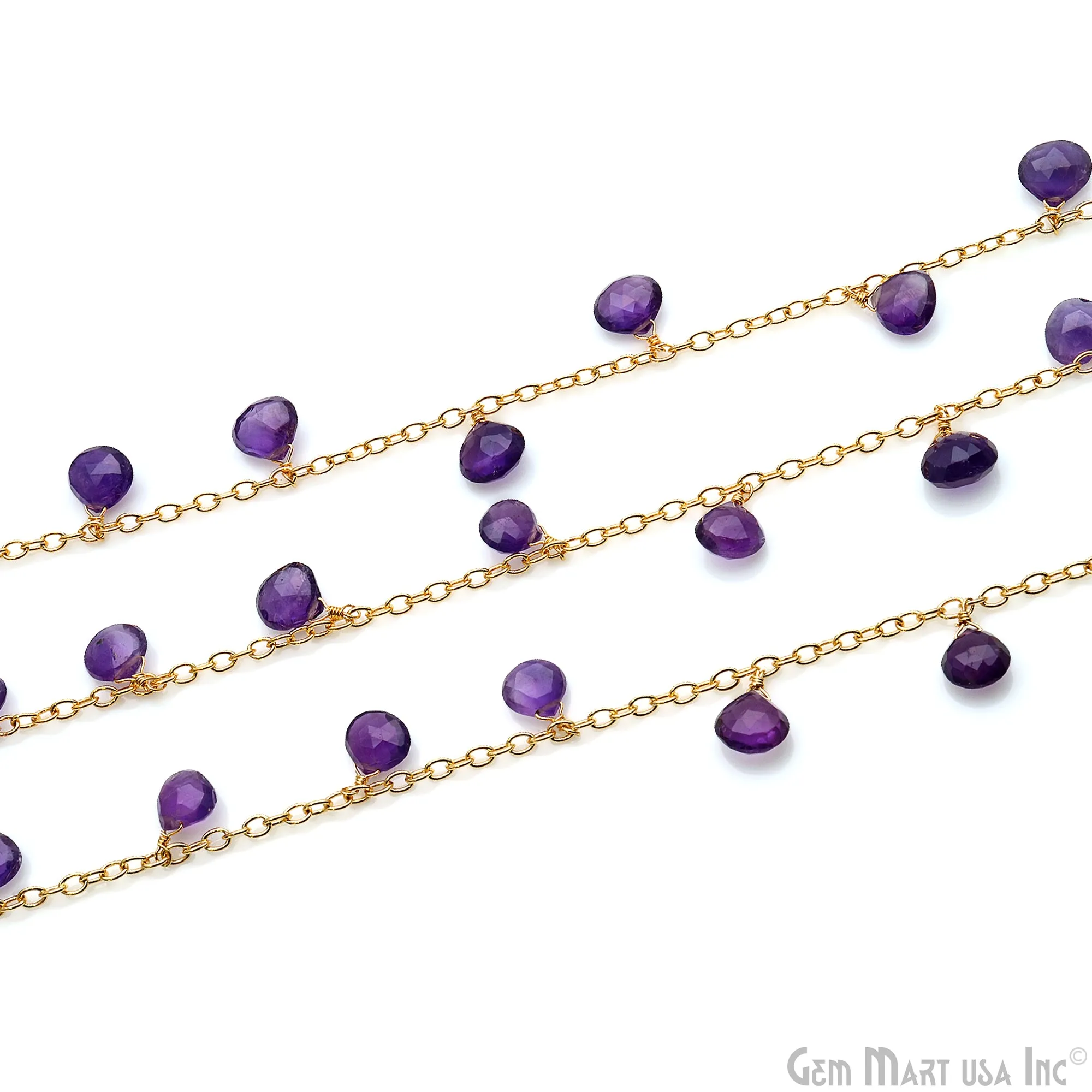 Amethyst Faceted Heart 8mm Gold Wire Wrapped Rosary Chain