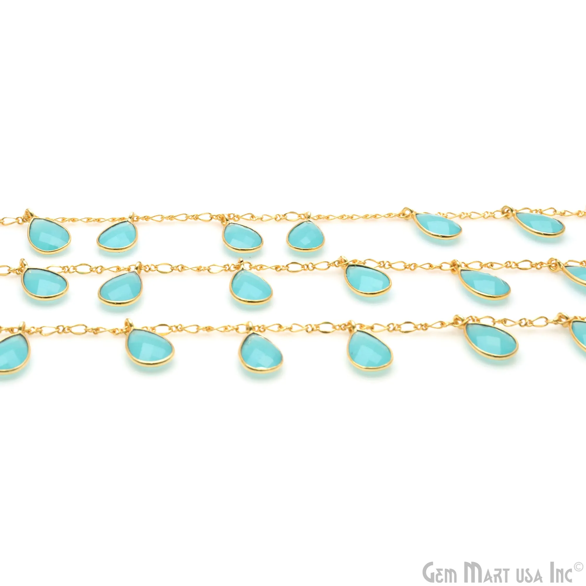 Aqua Chalcedony Pears Gold Bezel Connector Dangle Rosary Chain