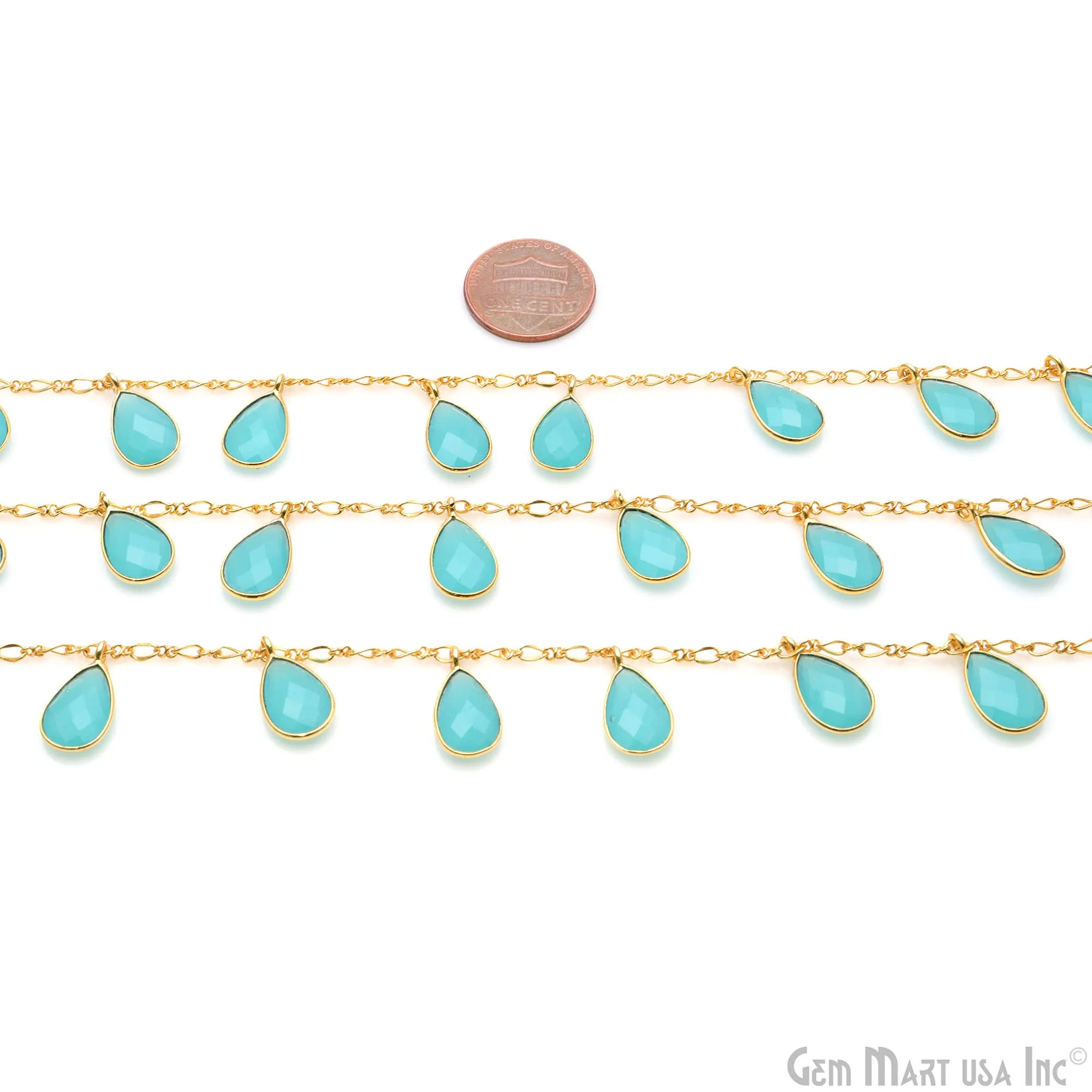 Aqua Chalcedony Pears Gold Bezel Connector Dangle Rosary Chain