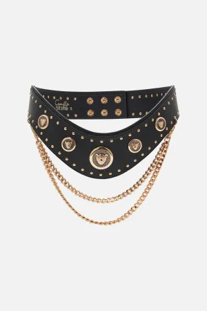 BELT WITH LEOPARD HARDWARE AND CHAINS SOLID BLACK