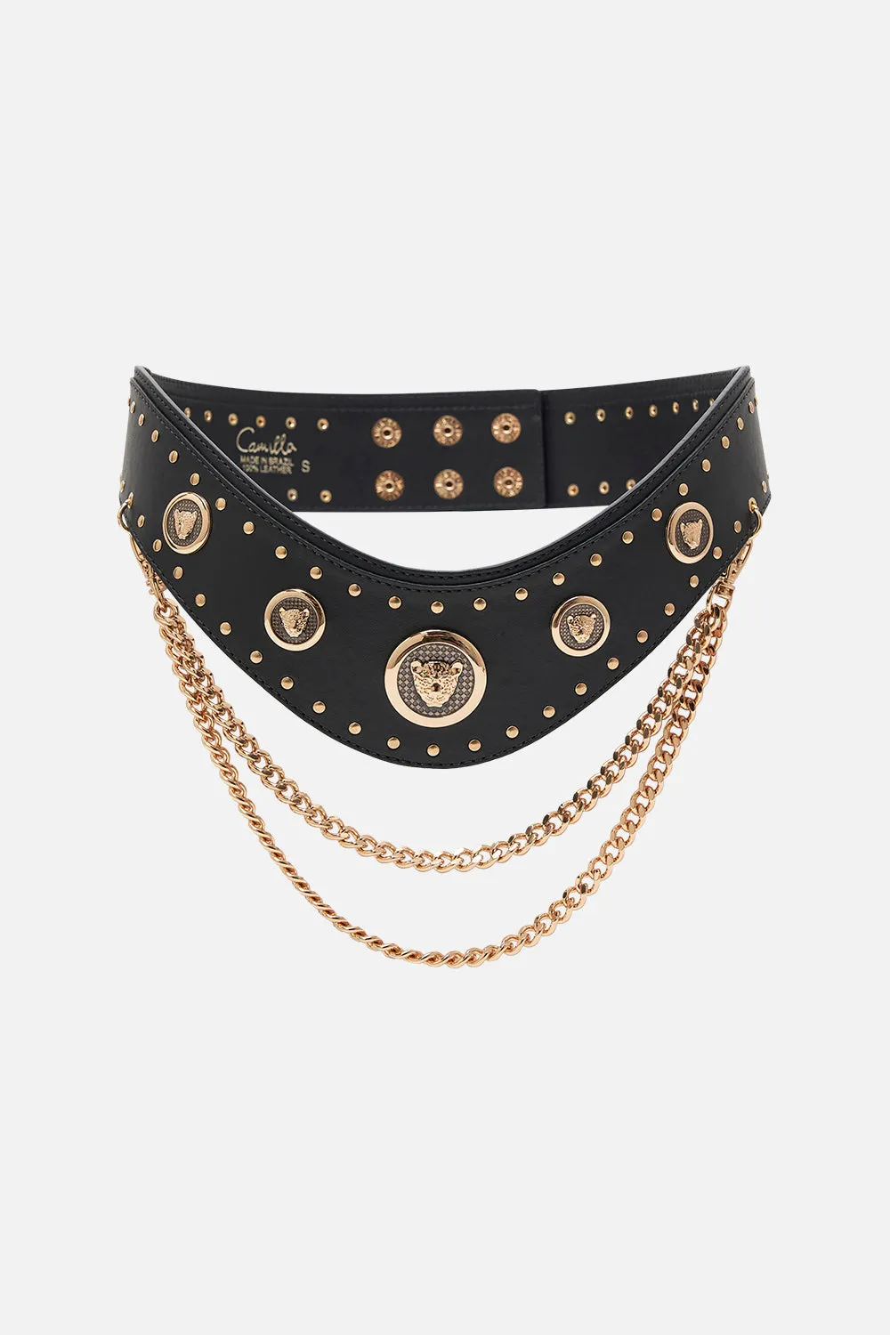 BELT WITH LEOPARD HARDWARE AND CHAINS SOLID BLACK