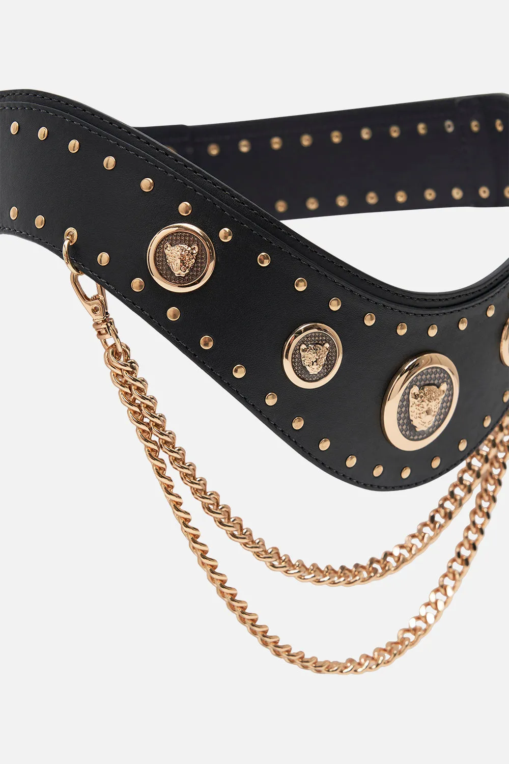 BELT WITH LEOPARD HARDWARE AND CHAINS SOLID BLACK
