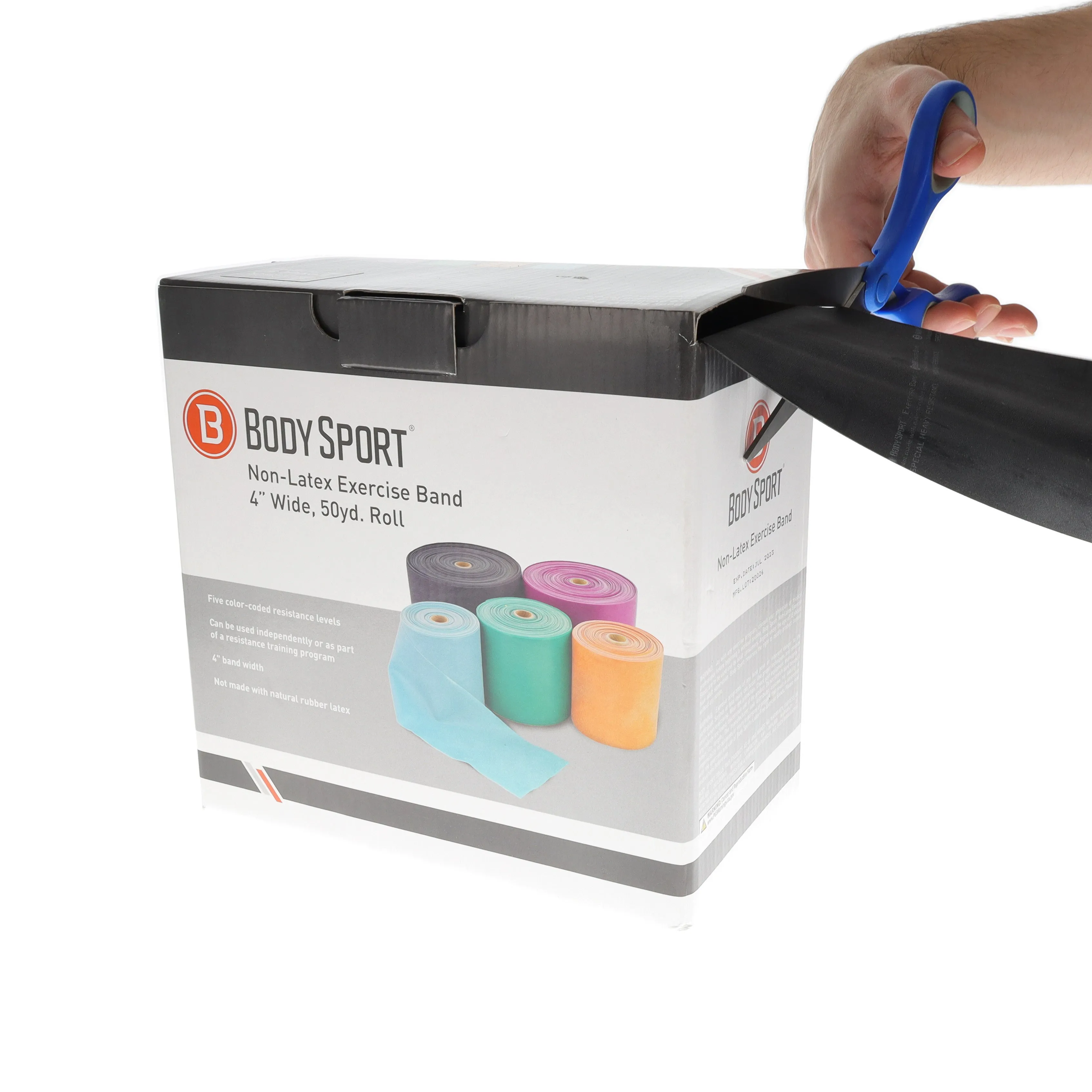 BodySport&reg; 5" Wide, Bulk Packaged Exercise Resistance Bands, Latex Free, 50 yd Rolls