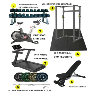 Combo Offer | Power Cage Squat Rack U3048 with DHZ X8600 Treadmill   DHZ S300 Spin Bike   Round Dumbbell Set 2.5 Kg to 25 KG with 2 Tier Rack   120kg Camouflage Bumper Plate Set with Adjustable Bench A8007    14 PC Gym Tile 15 MM