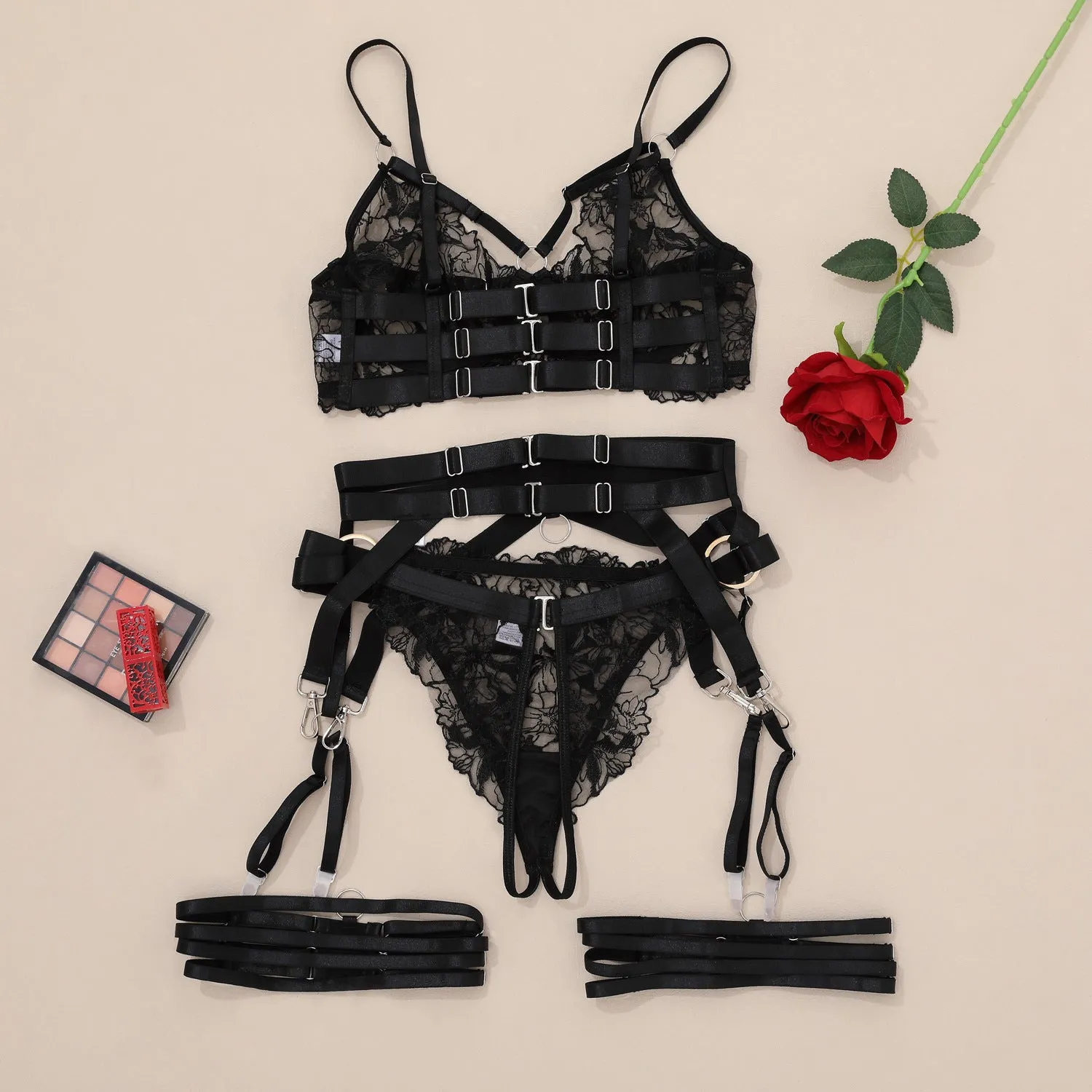 Embroidered garter belt lingerie suit