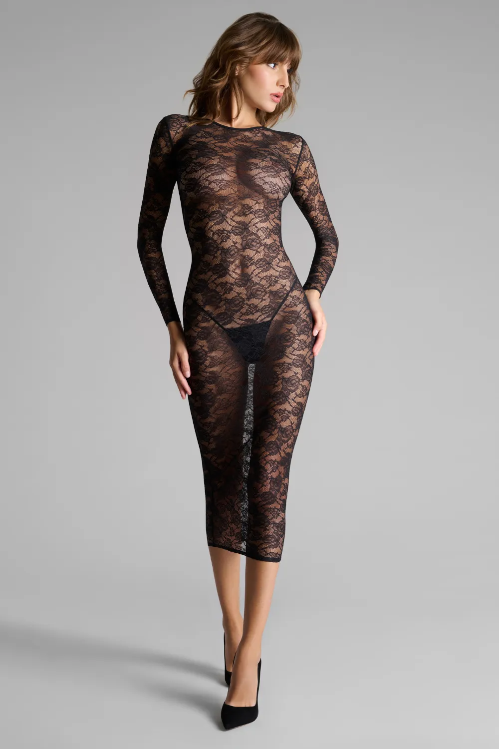 Flashback Lace Long Sleeve Midi Dress Black