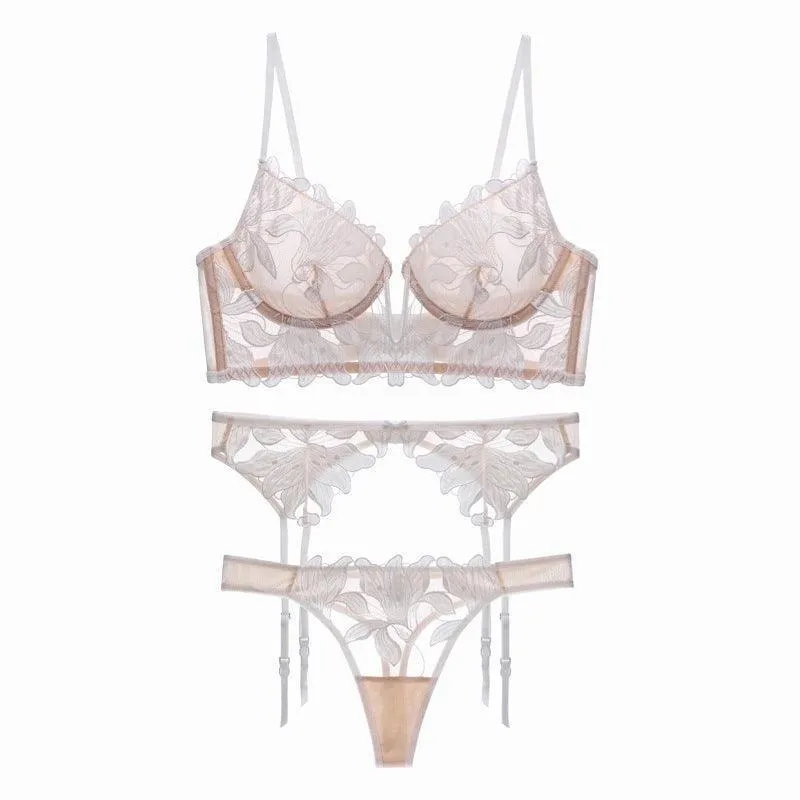 Gauze Embroidered Garter Lingerie Set