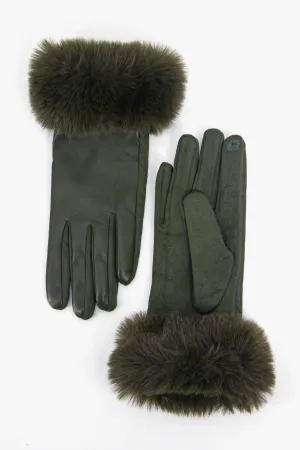 Maya Faux Fur Cuff Gloves - Khaki, PU