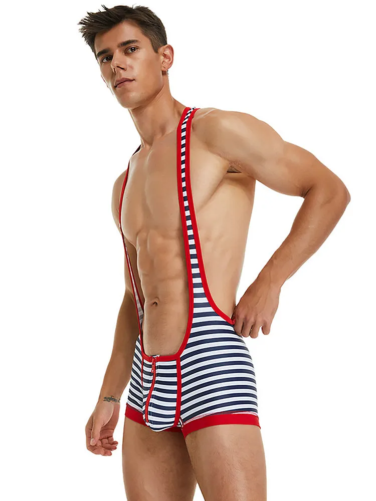Men's Striped Wrestling Singlet Bodysuit