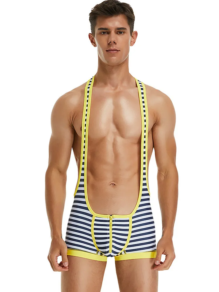Men's Striped Wrestling Singlet Bodysuit