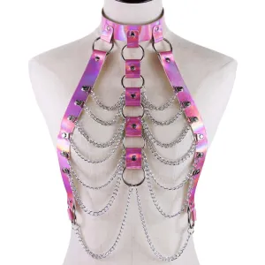 Pink Holographic Ribcage Harness w/ Chain Details