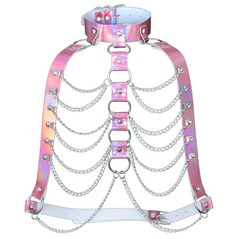 Pink Holographic Ribcage Harness w/ Chain Details