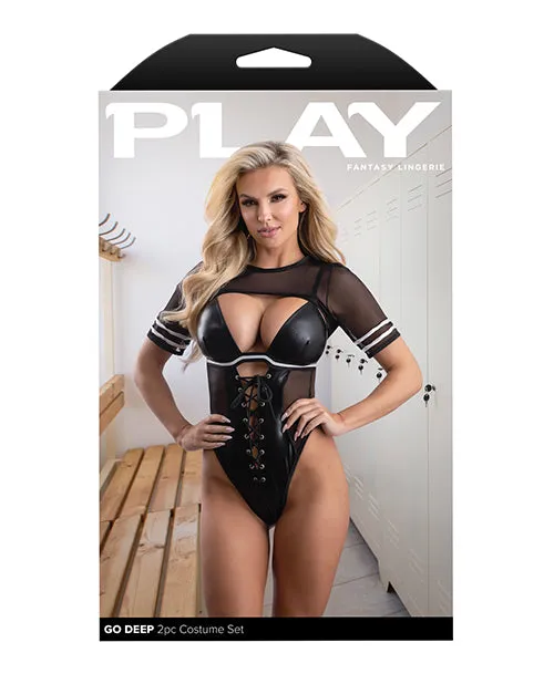 Play Go Deep Lace-up Bodysuit w/Mesh Jersey Shrug - Black