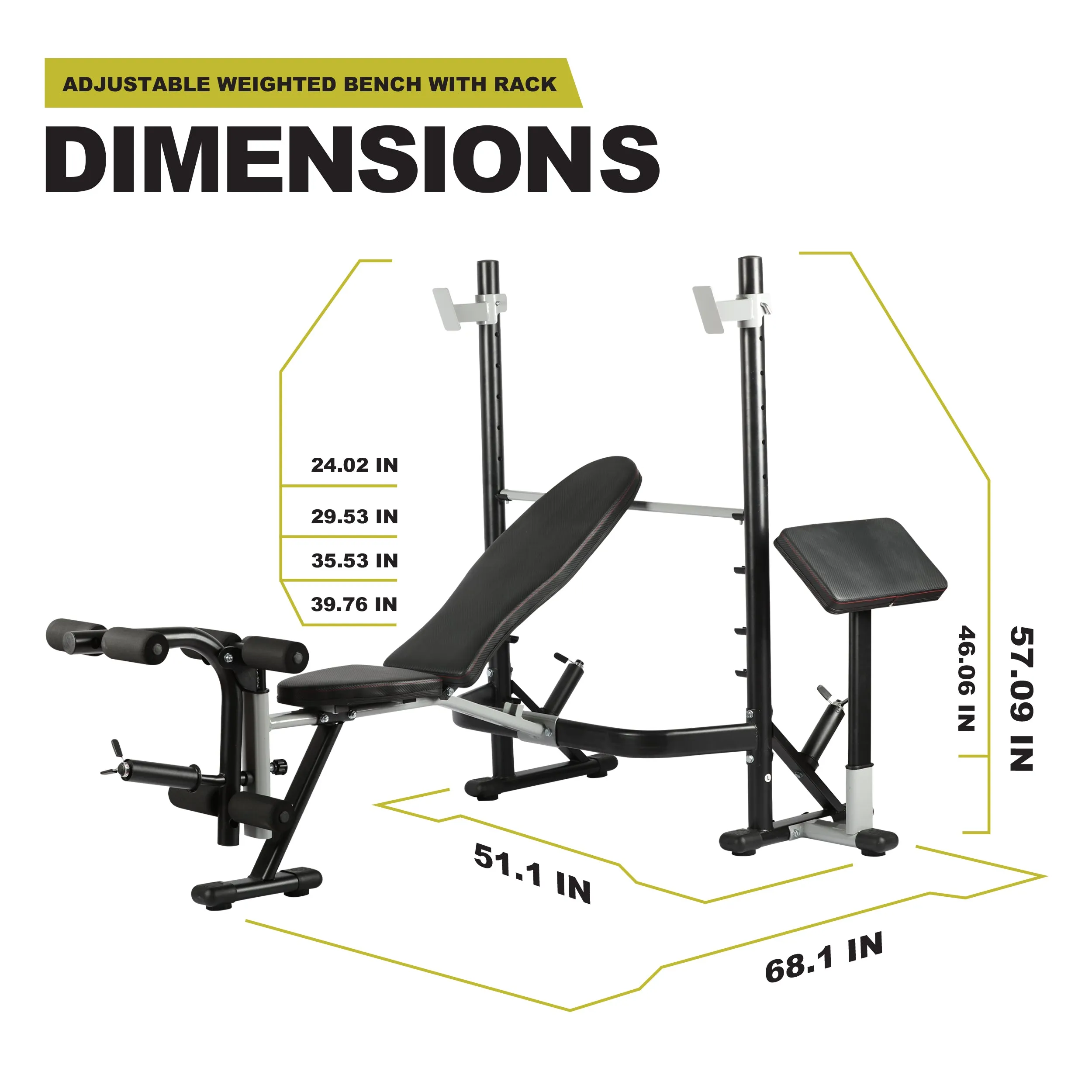 PRCTZ Adjustable weight Bench with Olympic Squat Rack, Arm and Leg Developer with Preacher Pad