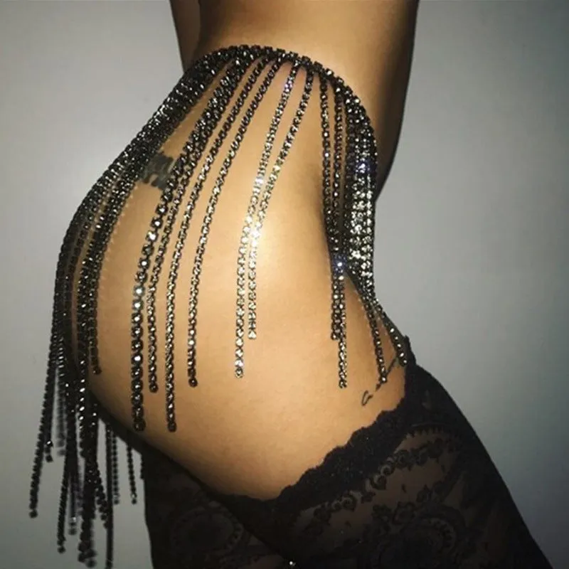 Shiny Long Rhinestone Tassel Waist Chain