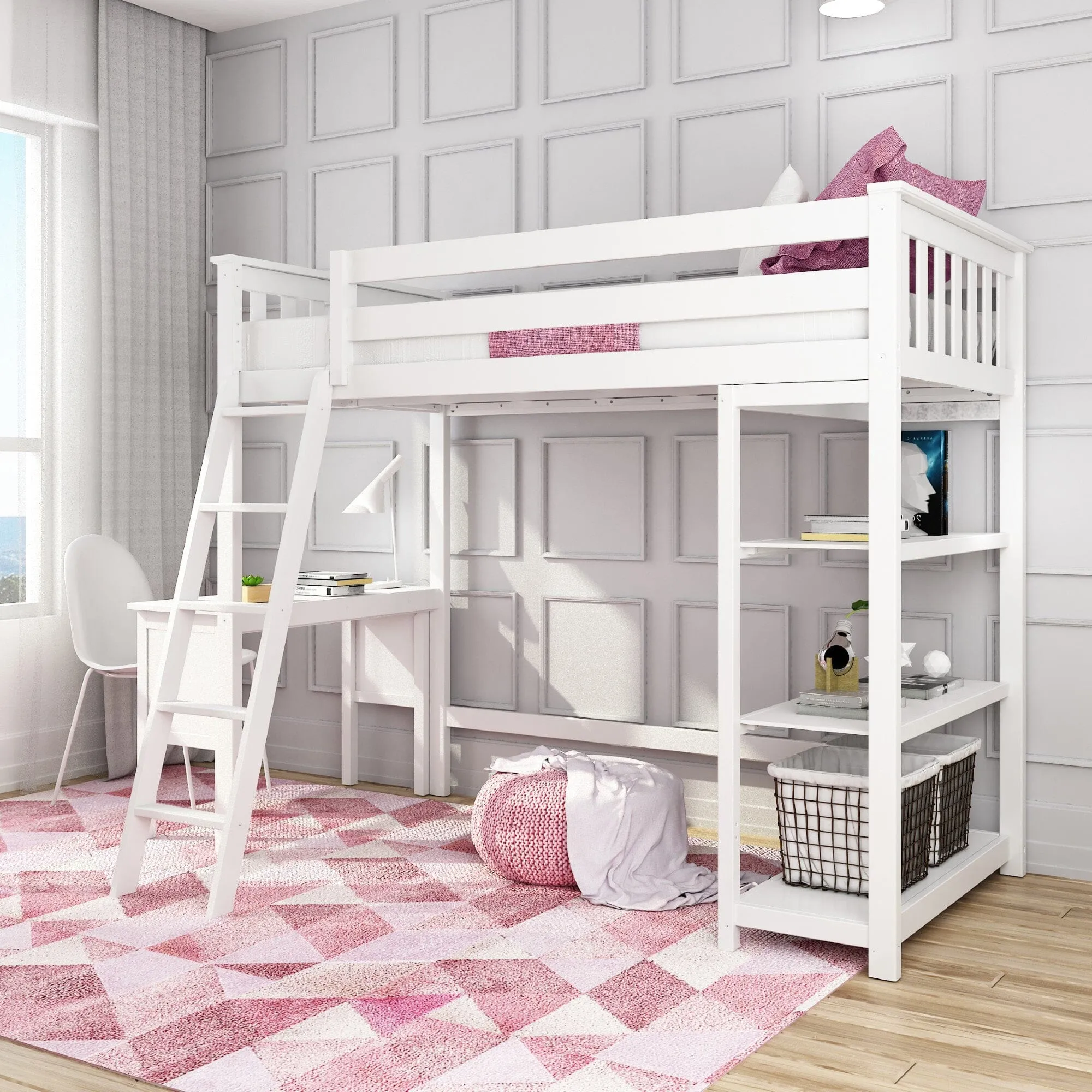 Twin Loft Bed With Bookcase & Desk