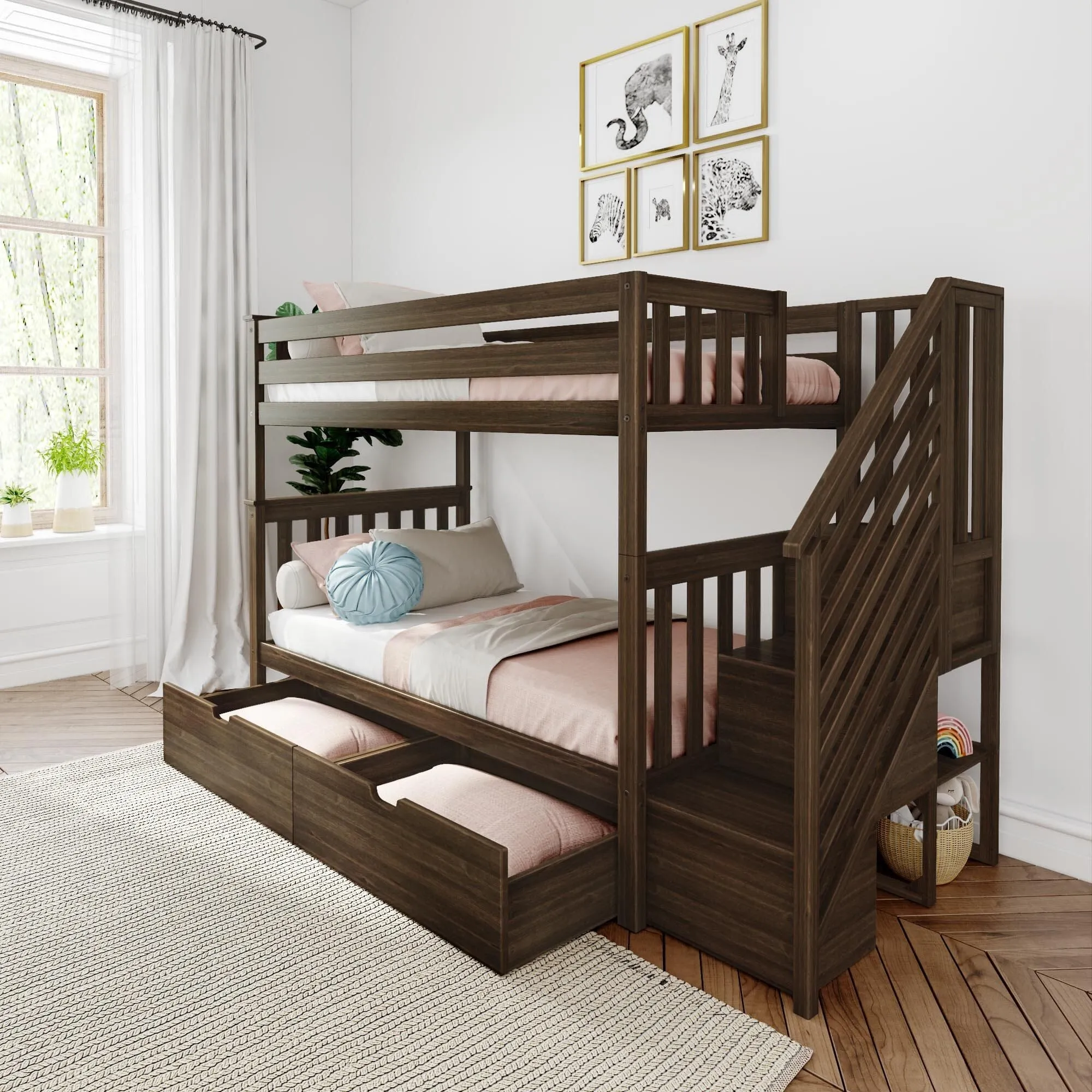 Twin Over Twin Bunk Bed With Stairs & Storage Drawers