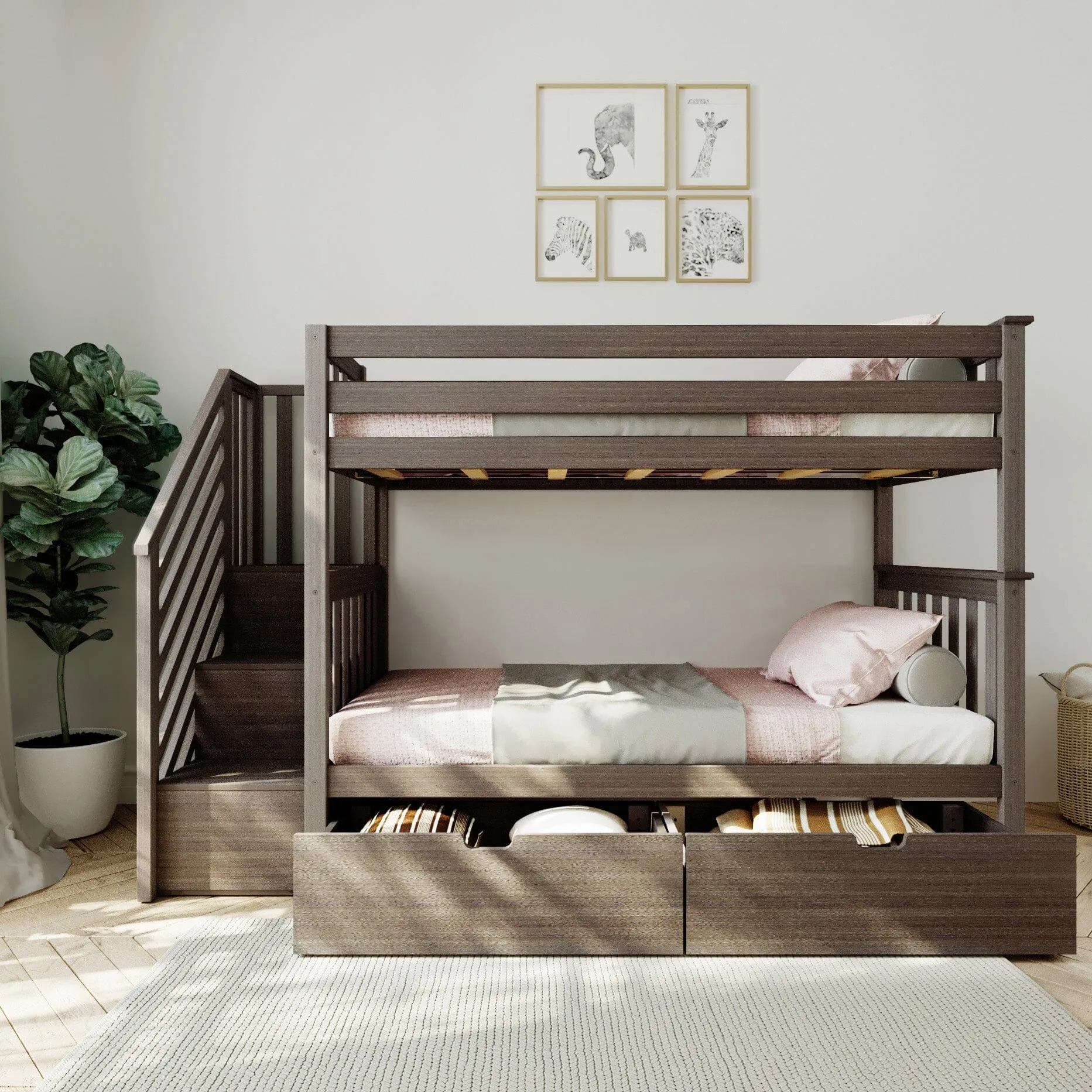 Twin Over Twin Bunk Bed With Stairs & Storage Drawers