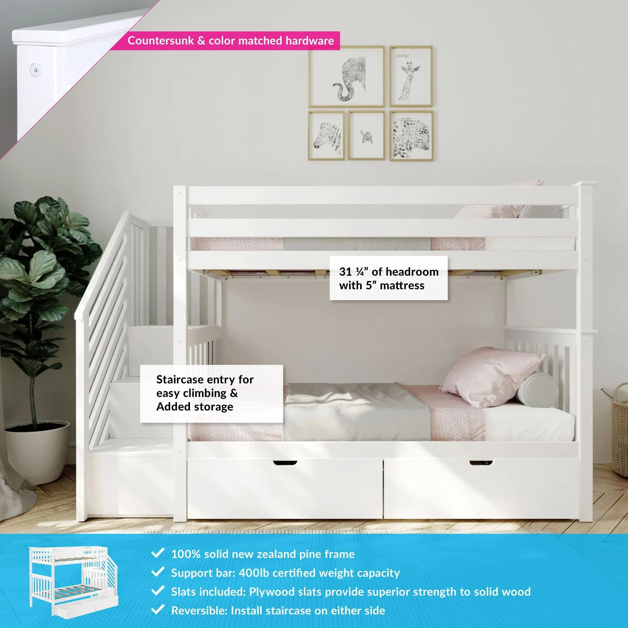 Twin Over Twin Bunk Bed With Stairs & Storage Drawers