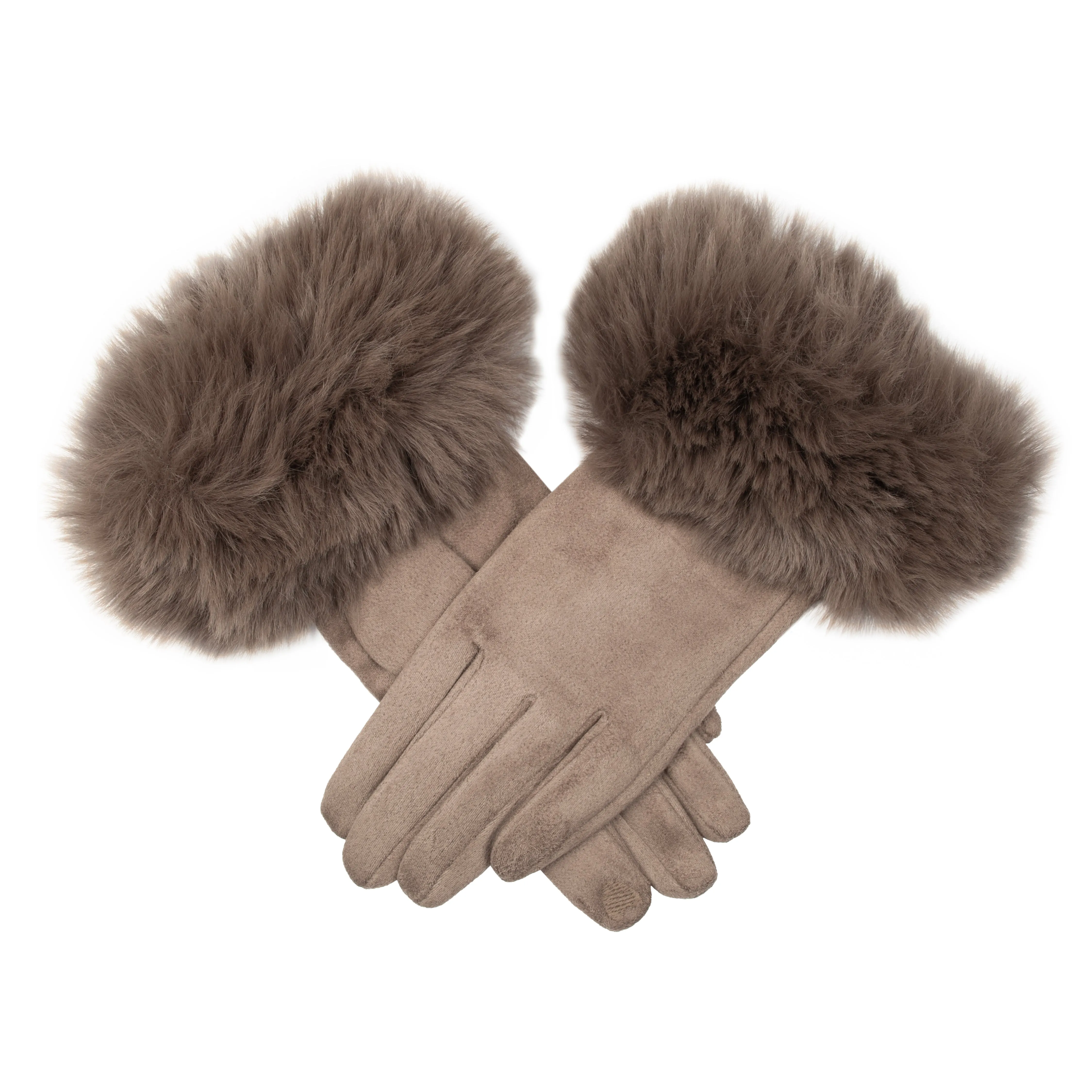 Women's Touchscreen Velour-Lined Faux Suede Gloves with Faux Fur Cuffs