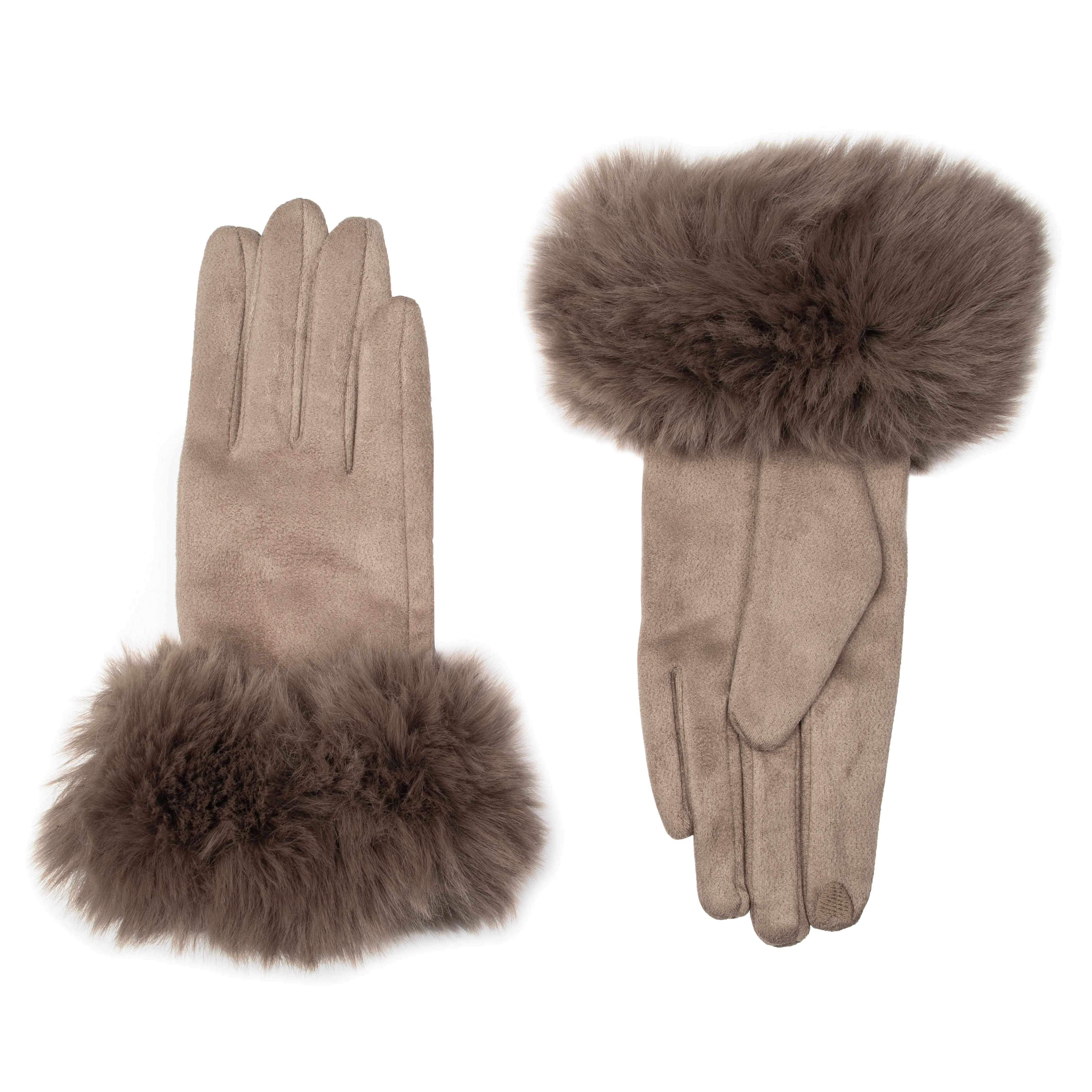 Women's Touchscreen Velour-Lined Faux Suede Gloves with Faux Fur Cuffs